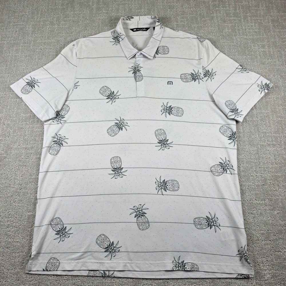Travis Mathew Mens XXL Pineapple Stripe Golf Polo Shirt Grey White Short Sleeve